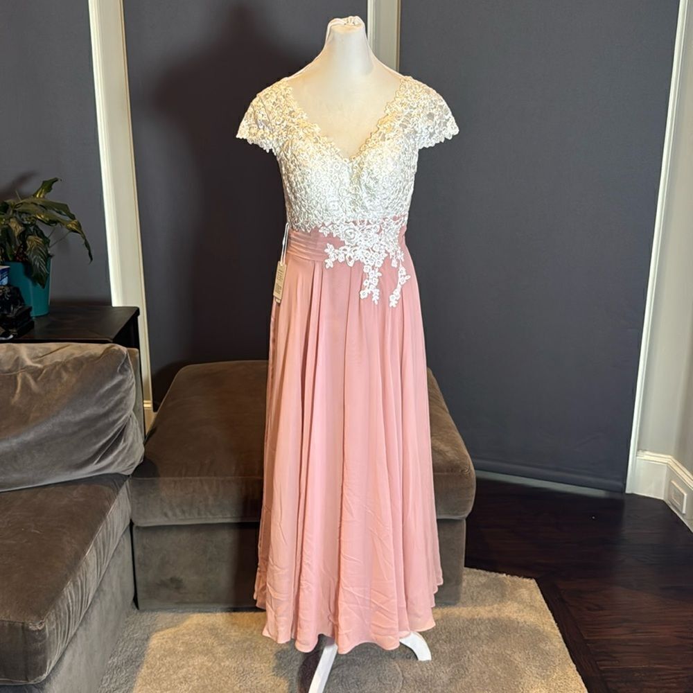 Women’s Ivory Lace Top Pink Chiffon V-Neck Cap Sleeves Formal Dress Size 4 NWT